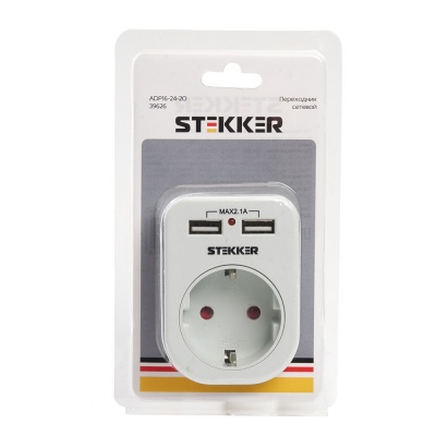 Сетевой переходник STEKKER ADP16-24-20, белый с/з (+ 2 USB 2,1А), 250В, 16A
