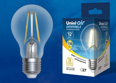 Лампа светодиодная UNIEL LED-A60-12W/3000K/E27/CL/DIM GLA01TR диммируемая. Форма "А", прозрачная