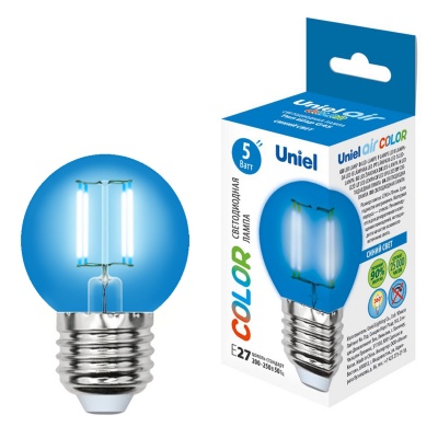 Лампа светодиодная UNIEL LED-G45-5W/BLUE/E27 GLA02BL картон. стекло, синий свет