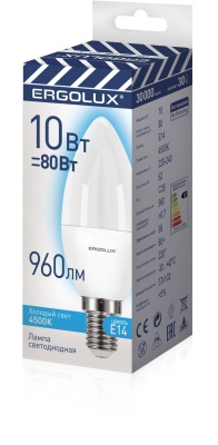 Лампа Ergolux LED-C35-10W-E14-4K Свеча 220-240В ПРОМО