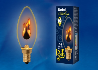 Лампа светодиодная UNIEL IL-N-C35-3/RED-FLAME/E14/CL «свеча», прозрачная, "эффект пламени"