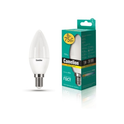 Лампа CAMELION LED8-С35/830/E14 220V 8W (1/10/100)