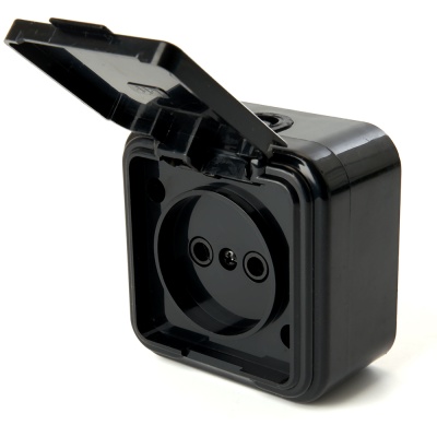 Розетка 1-местная с крышкой, б/з, 250В, 16А, IP44, PST16-20-44, черный, серия БРЕСТ