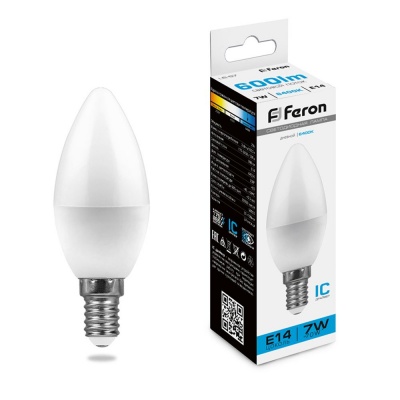 Лампа светодиодная FERON LB-97 16LED/7W 230V E14 6400K свеча (10/100)