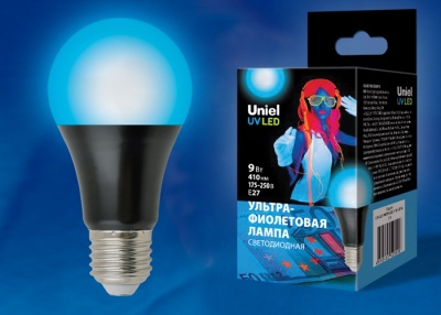 Лампа светодиодная UNIEL LED-A60-9W/UVAD/E27/FR PLZ07BK ультрафиолетовая для, дискотек