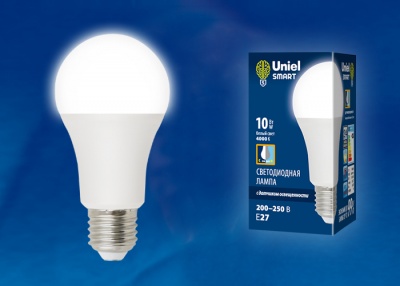 Лампа светодиодная UNIEL LED-A60-10W/4000K/E27/PS PL с датчиком освещенности. матовая. (4000К)