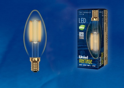 Лампа светодиодная UNIEL Vintage LED-C35-5W/GOLDEN/E14 GLV21GO Форма «свеча»,золотистая колба