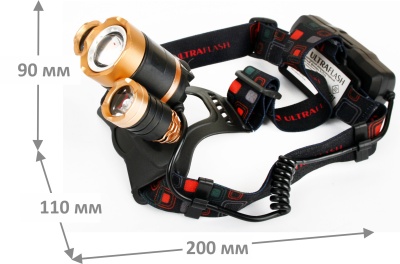 Фонарь ULTRAFLASH E1333 налобный акк 3,7В золото/черный 3LED 4Ватт, фокус, 2ак 4реж, метал.(1/50)
