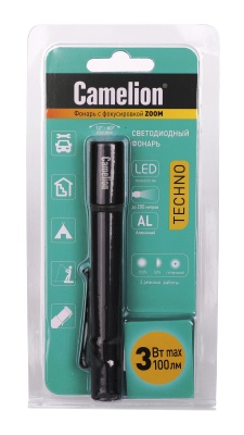 Фонарь CAMELION LED51533 черный LED XPE ZOOM 3 реж 2XLR03 алюм. откр. блистер
