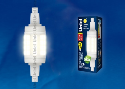 Лампа светодиодная UNIEL LED-J78-6W/WW/R7s/CL PLZ06WH. Прозрачная. Теплый белый свет