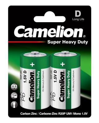 Батарейка CAMELION R20 BL-2, 1.5В (зеленый) картон (12/144)