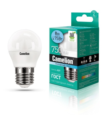 Лампа CAMELION LED8-G45/845/E27 220V 8W (1/10/100)