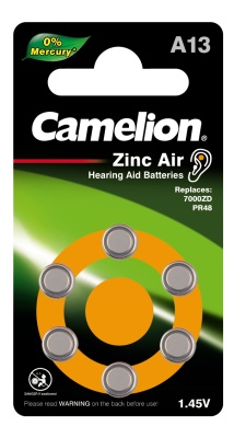 Батарейка CAMELION ZA13 BL-6 Mercury Free (A13-BP6(0%Hg) 1.4V 280mAh для слуховых аппаратов (60)