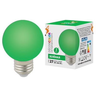 Лампа светодиодная UNIEL LED-G60-3W/GREEN/E27/FR/С декоративная, "шар", матовая. Цвет зеленый