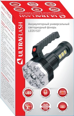 Фонарь ULTRAFLASH LED51537 аккум. 4В, черный, 16LED, 3 Вт, 4 реж, Micro-USB, бокс