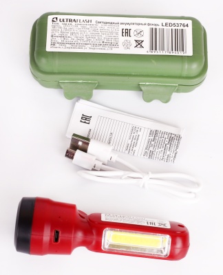 Фонарь ULTRAFLASH LED53764 акк 4В, красн., 2LED, 3 Вт, 2 реж, USB, бокс