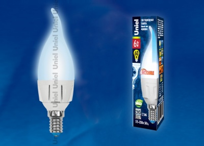 Лампа светодиодная UNIEL LED-CW37-6W/NW/E14/FR/DIM PLP01WH диммируемая, "свеча на ветру", матовая 