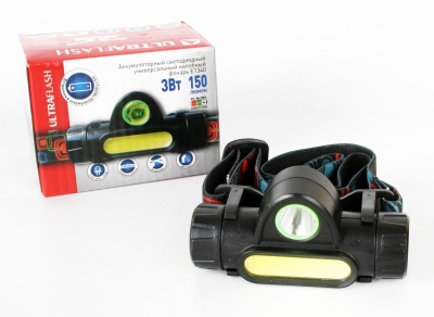 Фонарь ULTRAFLASH E1340 налобный акк 3,7В черный XPE+COB LED, 3 Ватт, 2 реж., магнит, бокс