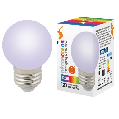 Лампа светодиодная Volpe LED-G45-1W/RGB/E27/FR/С Форма "шар",матовая.Цвет RGB