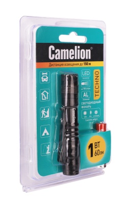 Фонарь CAMELION LED51516 черный, LED XPE, 3 реж 1XLR03 в компл., алюм., откр. блистер