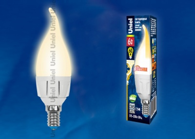 Лампа светодиодная UNIEL LED-CW37-6W/WW/E14/FR/DIM PLP01WH диммируемая "свеча на ветру", матовая