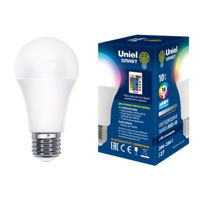Лампа светодиодная UNIEL LED-A60-10W/RGB/E27/REG PLS21WH с ИК сенсором., матовая RGB. ДУ(н/к)
