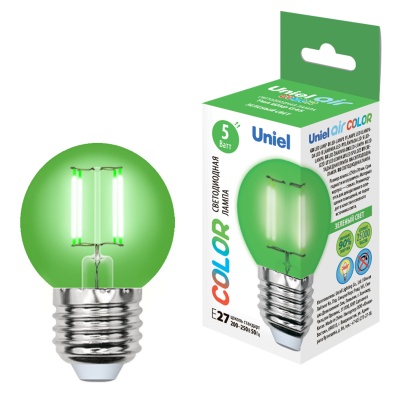 Лампа светодиодная UNIEL LED-G45-5W/GREEN/E27 GLA02GR картон. стекло, зеленый свет