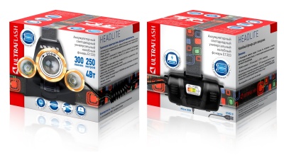 Фонарь ULTRAFLASH E1333 налобный акк 3,7В золото/черный 3LED 4Ватт, фокус, 2ак 4реж, метал.(1/50)
