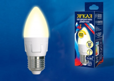Лампа светодиодная UNIEL LED-C37 7W/3000K/E27/FR/DIM PLP01WH диммируемая, "свеча" матовая 3000K