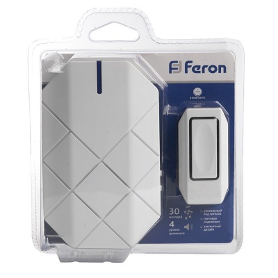 Звонок FERON E-377 30 мелодий белый, IP44, 3*1,5V/АА (база)