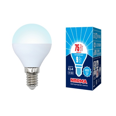 Лампа светодиодная Volpe LED-G45-9W/NW/E14/FR/NR Форма "шар",матовая.Серия Norma.Белый свет (4000K)