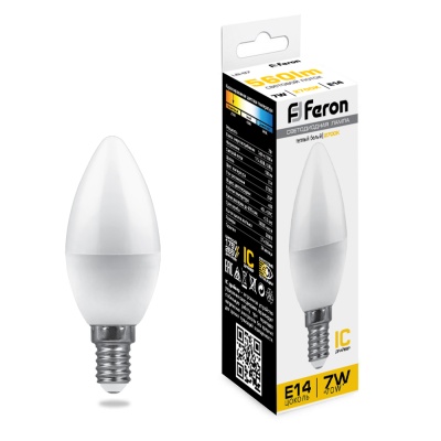 Лампа светодиодная FERON LB-97 16LED/7W 230V E14 2700K свеча (10/100)