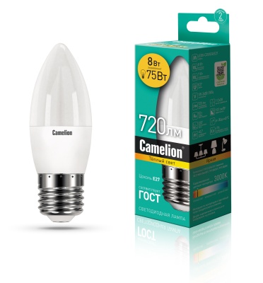 Лампа CAMELION LED8-С35/830/E27 220V 8W (1/10/100)