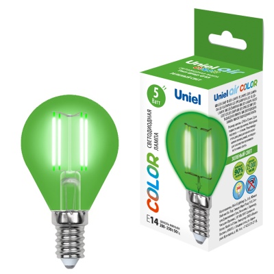 Лампа светодиодная UNIEL LED-G45-5W/GREEN/E14 GLA02GR картон. стекло, зеленый свет