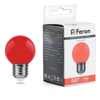 Лампа светодиодная FERON LB-37 1W 230V Е27 G45 красный (10/100)