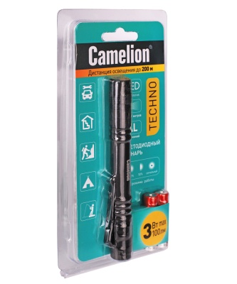 Фонарь CAMELION LED 51517 черный,  LED XPE, 3 реж 2XLR03 в компл., алюм., откр. блистер