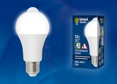 Лампа светодиодная UNIEL LED-A60-12W/4000K/E27/PS+MS PLS10 с датчиком освещенности и датчиком движен
