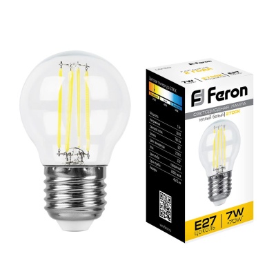 Лампа светодиодная FERON LB-52 7W 230V E27 2700K филамент G45