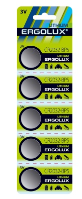 Батарейка Ergolux CR2032 BL-5, 3V литиевая (5/50/1800)