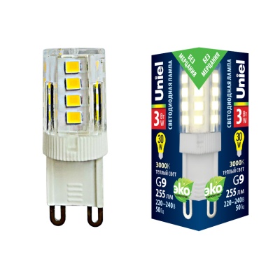 LED-JCD-3W/3000K/G9/CL GLZ09TR Лампа светодиодная, прозрачная. Теплый белый свет (3000К). Картон. ТМ